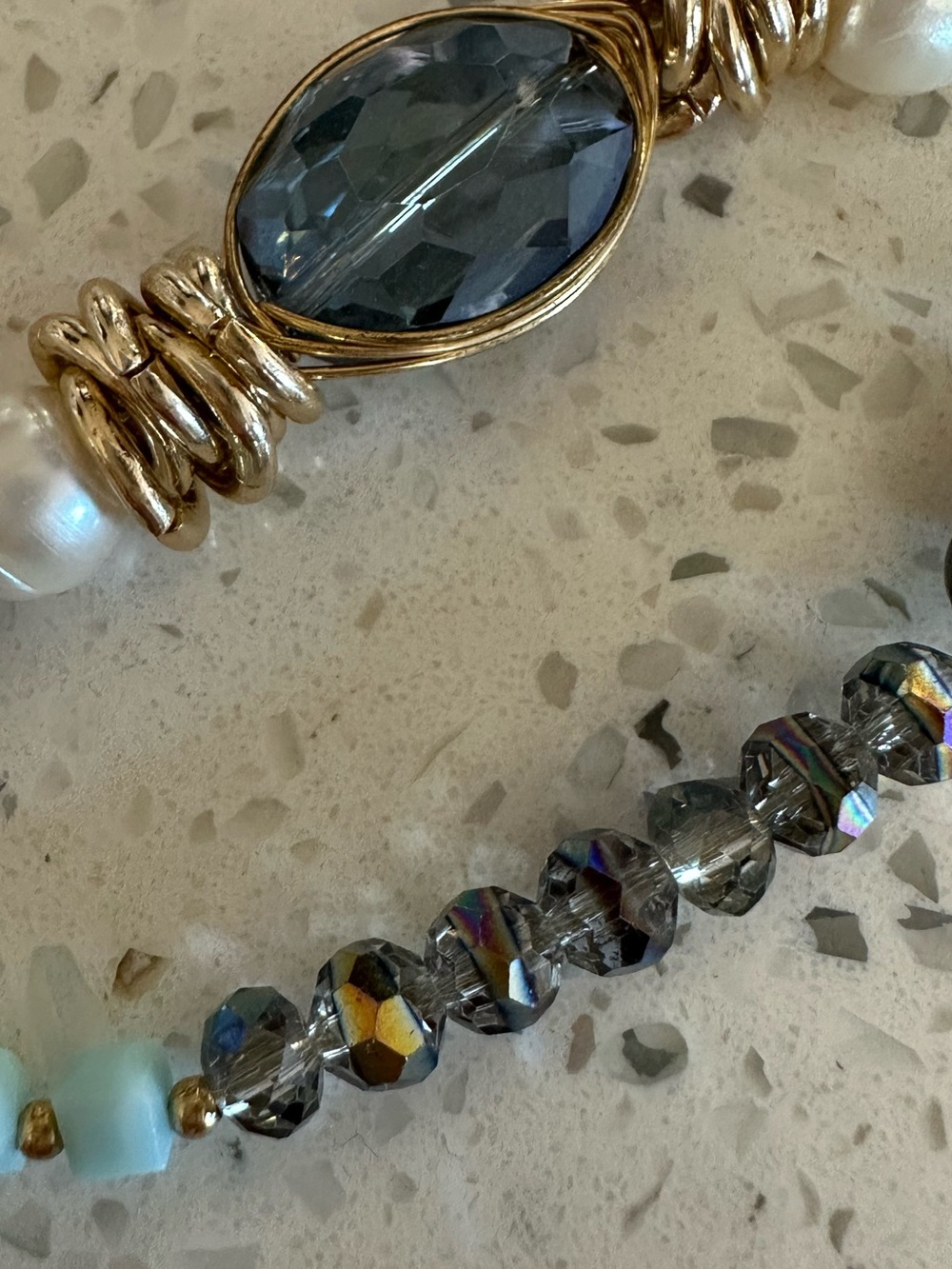 Handmade Gold & Blue Glass Bead Statement Bracelet with Aqua Accents and pearls - Picture 5 of 6